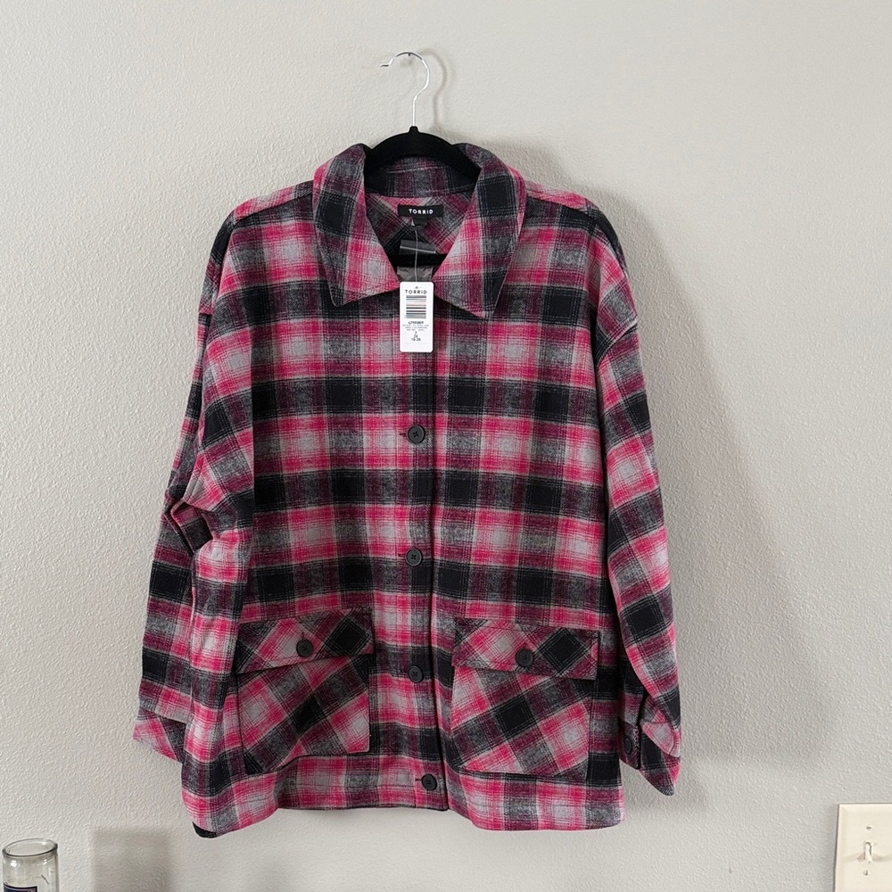 Torrid Pink and Black Plaid Utility Jacket